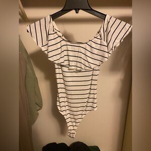Express White and Black Bodysuit with Ruffle Details